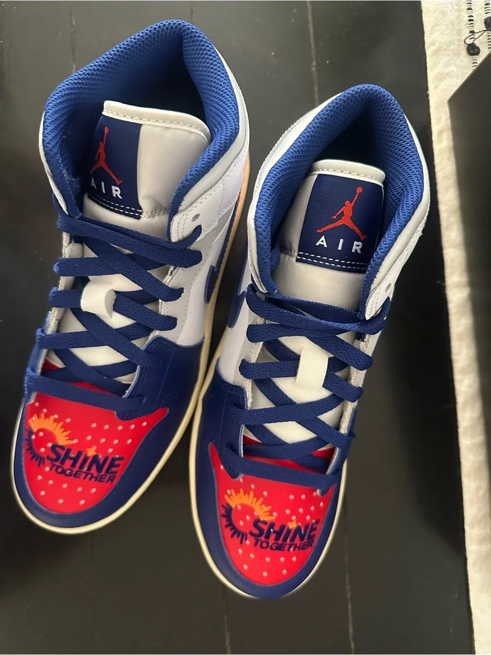 Jordan Kids High-Top Sneakers in White, Blue & Red with 'Shine Together' Toe 6.